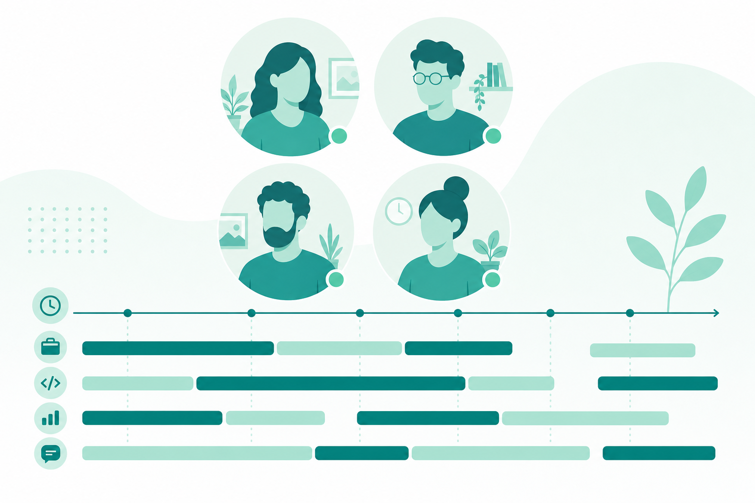 Remote team video call grid with a daily activity timeline bar chart