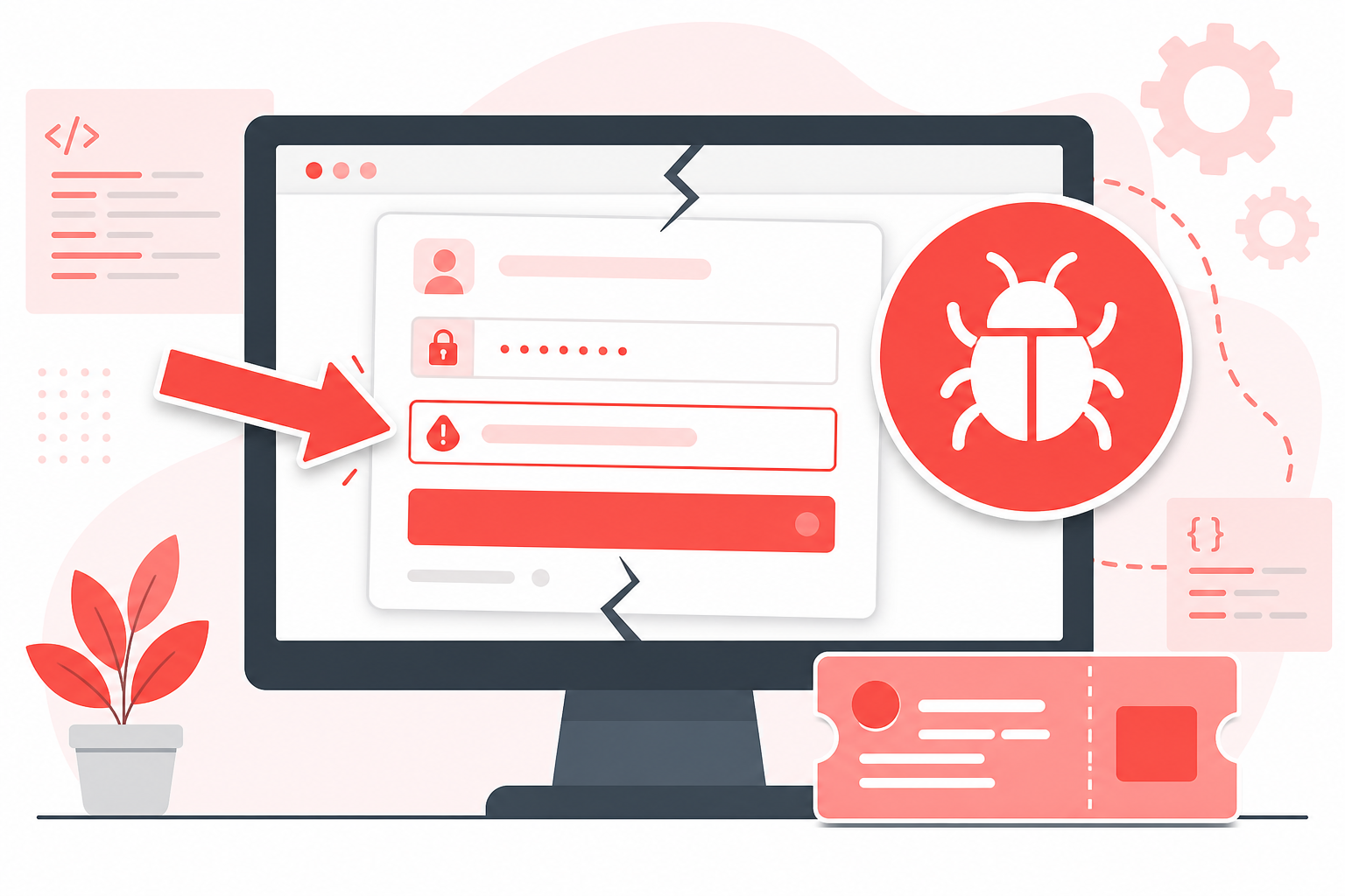 Software bug report with red marker and annotation arrow on a broken login screen