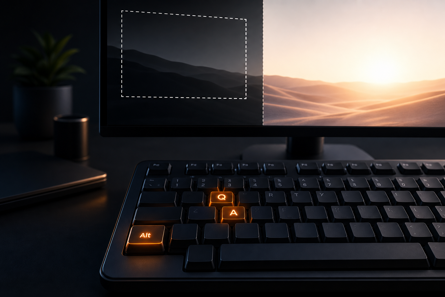 Keyboard showing Alt+Q and Alt+A keys with area selection vs full screen on a monitor